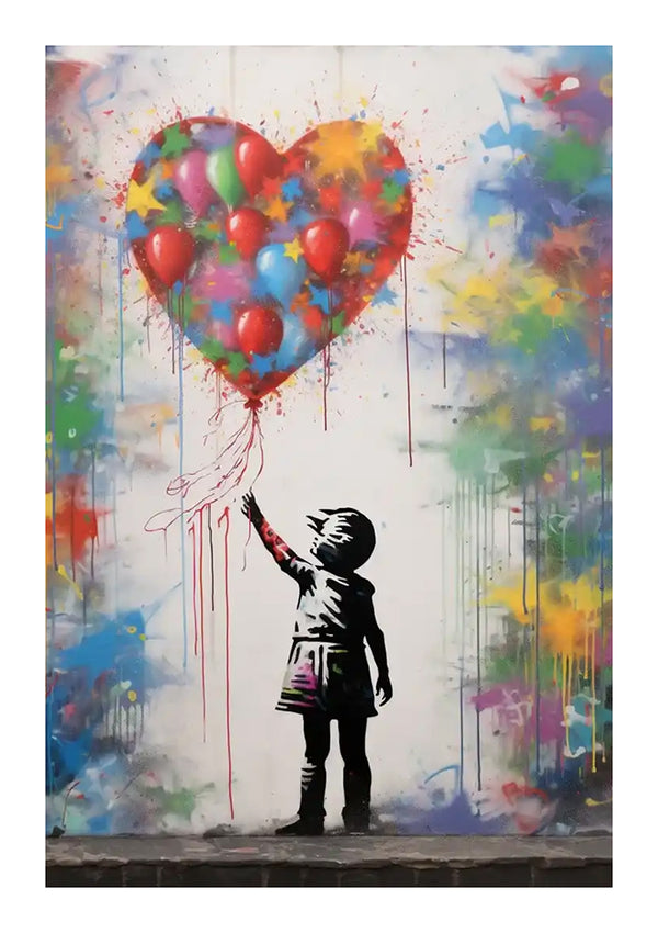 A Kind Reikt Naar Hartvormige Ballon Schilderij van CollageDepot toont een silhouet van een kind dat omhoog reikt naar een grote hartvorm gemaakt van veelkleurige ballonnen en verfspatten. De achtergrond bevat verschillende levendige kleuren in graffitistijl.-