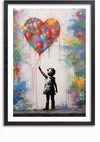 Ingelijste Kind Reikt Naar Hartvormige Ballon Schilderij van CollageDepot met een afbeelding van een kind in een kledingstuk met capuchon dat een hartvormige cluster van rode, blauwe, groene en gele ballonnen vasthoudt. De achtergrond is bespat met kleurrijke verf in verschillende tinten, waardoor een levendig graffitikunstwerk ontstaat, perfect voor wanddecoratie.,Zwart-Met,Lichtbruin-Met,showOne,Met