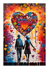 Een levendig straatkunstschilderij met een jong stel dat elkaars hand vasthoudt en naar een groot, kleurrijk hart loopt, gevuld met verschillende kleinere harten en graffiti-elementen, met de bba 028 - pop-art van CollageDepot.-