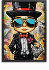 Een ingelijste illustratie van een man in Pak Met een Krant Schilderij van CollageDepot toont een persoon met een zwarte hoge hoed, een zonnebril, een zwart pak met een rode vlinderdas en een roze bloem erop, terwijl hij een krant vasthoudt. De achtergrond is voorzien van kleurrijke, abstracte graffiti en cartoonachtige dollarbiljetten: een perfect wanddecoratie voor elke ruimte.,Zwart-Zonder,Lichtbruin-Zonder,showOne,Zonder