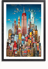 Ingelijst kunstwerk van een stadsgezicht met verschillende wolkenkrabbers en opmerkelijke bezienswaardigheden van New York, waaronder het Empire State Building en het Vrijheidsbeeld, opgebouwd uit voedsel- en drankverpakkingen zoals Coca-Cola-flessen, onder een helderblauwe lucht. Dit Beroemde Bezienswaardigheden New York Schilderij van CollageDepot geeft de stedelijke creativiteit prachtig weer.,Zwart-Met,Lichtbruin-Met,showOne,Met