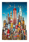 Een levendig schilderij uit New York City toont iconische bezienswaardigheden gemaakt van kleurrijke flessen en blikjes tegen een blauwe lucht met wolken. Opvallende bouwwerken zijn onder meer het Empire State Building en het Vrijheidsbeeld, beide op ingenieuze wijze samengesteld uit drankverpakkingen met merktekens. Dit stuk staat bekend als het Beroemde bezienswaardigheden New York Schilderij van CollageDepot.-