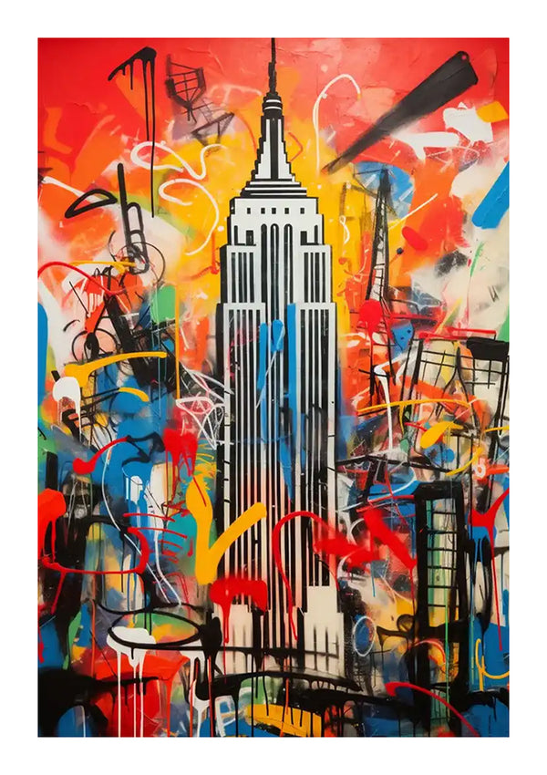 Op een kleurrijk schilderij in graffitistijl is het Empire State Building prominent in het midden te zien. Rondom het gebouw bevinden zich verschillende abstracte vormen en levendige spatten van rood, blauw, geel en andere kleuren die een chaotische achtergrond creëren, waardoor dit Abstract Kunstwerk Empire State Building Schilderij van CollageDepot een opvallend abstract kunstwerk is.-