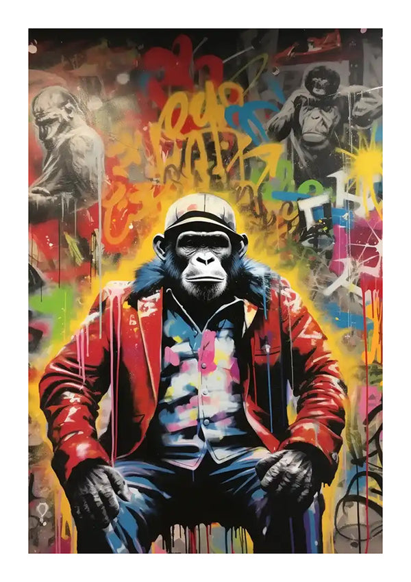 Een levendig graffitikunstwerk met een chimpansee in een pak, zelfverzekerd zittend. De achtergrond is een kleurrijke reeks graffiti-tags en spatten, met vervaagde afbeeldingen van apen en stedelijke motieven met de bba 043 van CollageDepot - pop-art.-