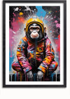 Een ingelijst CollageDepot Chimpansee Met Astronautenpak Schilderij toont een chimpansee die een kleurrijk astronautenpak en helm draagt, tegen een levendige, spetterende achtergrond van verschillende kleuren. Perfect als unieke wanddecoratie, de chimpansee wordt zittend afgebeeld met de handen op de knieën.,Zwart-Met,Lichtbruin-Met,showOne,Met