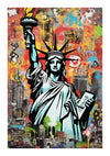 Kleurrijk en levendig kunstwerk met een illustratieve weergave van het Vrijheidsbeeld, tegen een achtergrond in graffitistijl met stedelijke elementen en chaotische beelden, uit de bba 045 - pop-artcollectie van CollageDepot.-