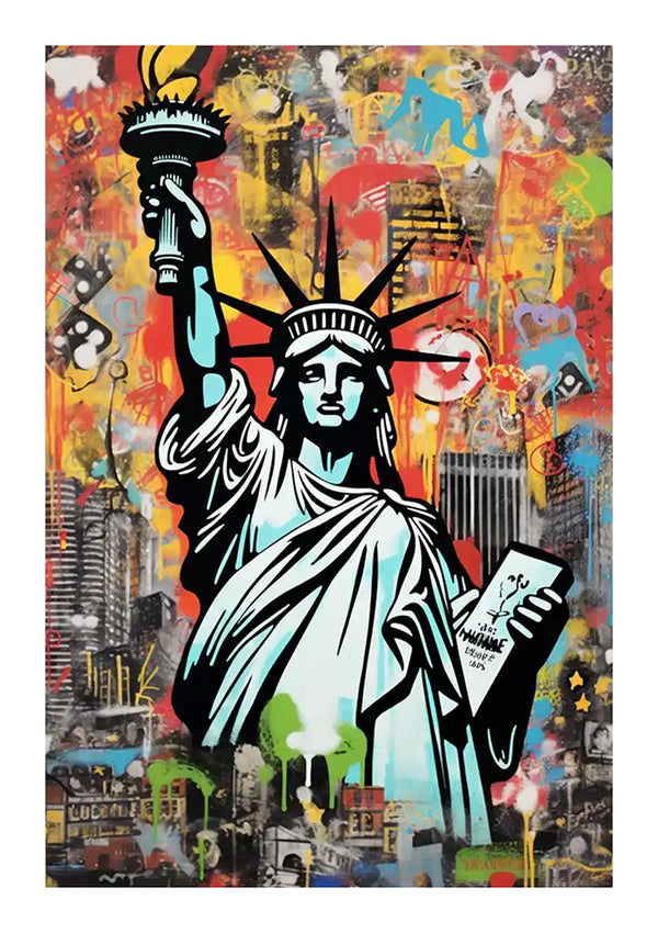 Kleurrijk en levendig kunstwerk met een illustratieve weergave van het Vrijheidsbeeld, tegen een achtergrond in graffitistijl met stedelijke elementen en chaotische beelden, uit de bba 045 - pop-artcollectie van CollageDepot.-