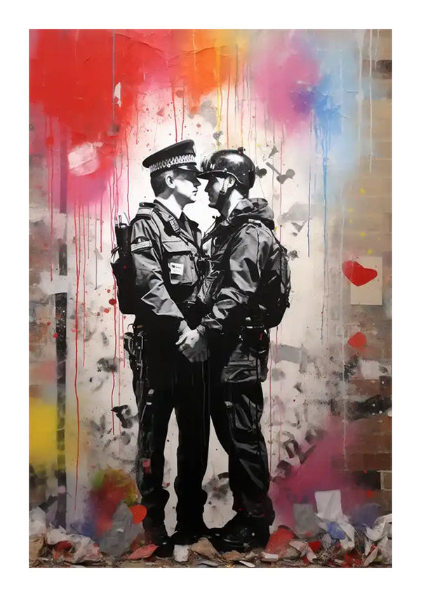 Kunstwerk van twee kussende Britse politieagenten, tegen een levendig gekleurde achtergrond met rode spetters en zwart-witte strepen. De vloer lijkt bezaaid met puin. Dit is een CollageDepot bba 052 - pop-art stuk.-