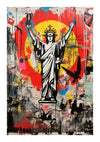 Een levendig mixed-media kunstwerk dat het Vrijheidsbeeld afbeeldt tegen een achtergrond van graffiti en abstracte elementen, met gedurfde kleuren en dynamische beelden, waaronder vogels en stedelijke taferelen, van CollageDepot's bba 055 - pop art.-