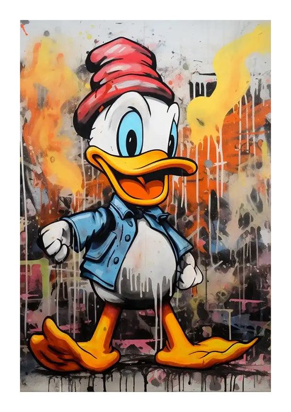 Een kleurrijke muurschildering toont een vrolijke cartooneend, vergelijkbaar met een Urban Donald Duck Schilderij, met een rode muts en een blauw jasje. De achtergrond bestaat uit abstracte spuitverfdessins met druppels en spetters in verschillende kleuren, waaronder oranje, geel en zwart, waardoor het een opvallende wanddecoratie van CollageDepot is.-