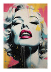 Een kleurrijk bba 058 - pop-art portret van Marilyn Monroe met dramatische spatten gele, roze en blauwe verf die langs het canvas druipen door CollageDepot.-