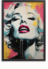 Een levendig kleurrijk portret Van Marilyn Monroe Schilderij van een vrouw met platinablond haar, rode lippenstift en gesloten ogen. Het kunstwerk bevat opvallende spatten roze, gele en blauwe verfdruppels op haar gezicht, tegen een eveneens kleurrijke achtergrond. Perfect als wanddecoratie en ingelijst in zwart voor eenvoudige presentatie met een magnetisch ophangsysteem van CollageDepot.,Zwart-Zonder,Lichtbruin-Zonder,showOne,Zonder