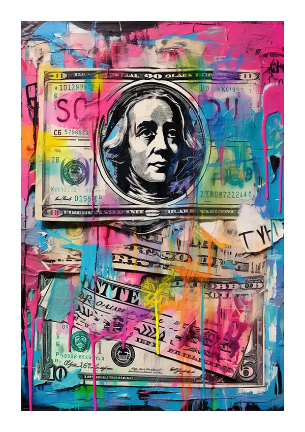 Een levendige, kleurrijke wanddecoratie met gelaagde Amerikaanse valuta met verschillende coupures, waarbij het portret van Benjamin Franklin prominent wordt weergegeven op een biljet van $ 100. De abstracte kunstwerkachtergrond bestaat uit verfspatten in levendig roze, blauw, geel en groen. Maak kennis met het Graffiti Kunstwerk Met Biljetten Schilderij van CollageDepot.-