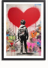 Een ingelijst Boy Sketches Giant Heart on Wall-schilderij van CollageDepot toont een kind dat met de rug naar de kijker staat en een rode verfroller vasthoudt. Het kind kijkt naar een groot rood hart dat op een met graffiti bedekte muur is geschilderd. Dit graffitikunstwerk heeft levendige kleuren en een mix van hartvormen op de achtergrond, perfect als wanddecoratie.,Zwart-Met,Lichtbruin-Met,showOne,Met