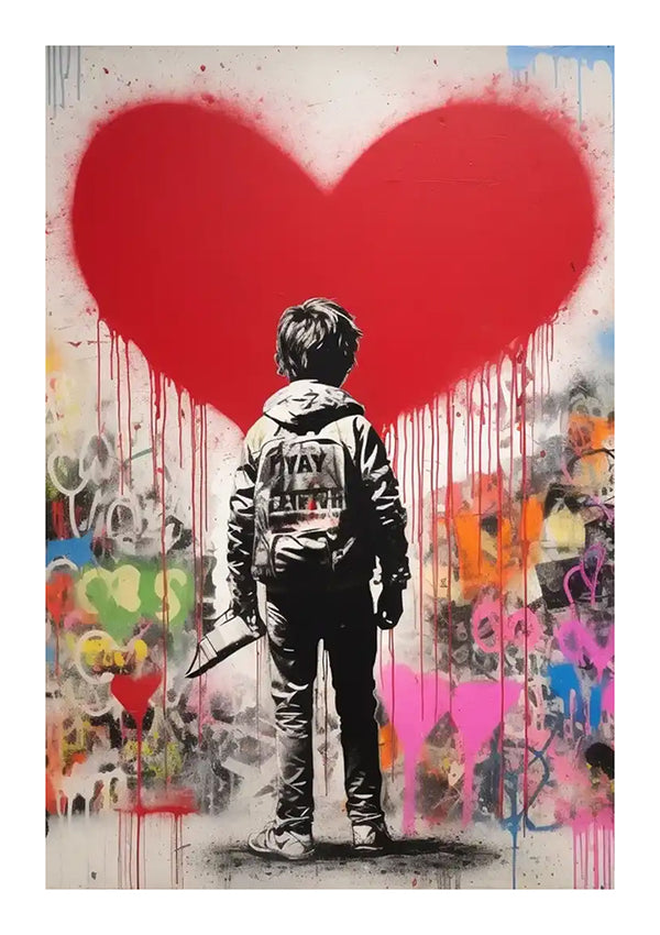 Een graffitikunstwerk met een jongen van achteren, kijkend naar een groot rood hart. Hij houdt een penseel vast, met spatten kleurrijke verf en druppeleffecten op de muur achter hem van CollageDepot's bba 061 - pop art.-