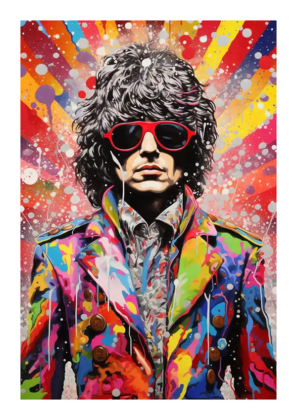 Een levendig, kleurrijk CollageDepot bba 062 - pop-art portret van een man met donker krullend haar en een zonnebril, gekleed in een jas met psychedelisch patroon tegen een spetterde verfachtergrond in een mix van felle kleuren.-