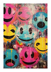Op een schilderij in graffitistijl zijn meerdere smileygezichten met verschillende uitdrukkingen te zien. Ze zijn beschilderd met levendige en druipende kleuren, waaronder roze, geel en blauw, tegen een spetterende, abstracte achtergrond. Dit unieke stuk zorgt voor een opvallende wanddecoratie in elke ruimte met het Kleurrijk Kunstwerk Met Smiley Schilderij van CollageDepot.-