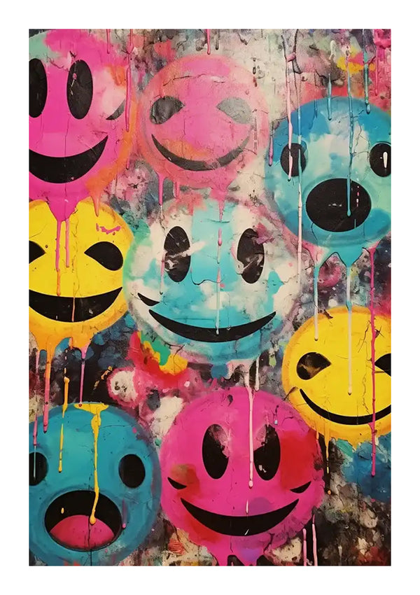 Op een schilderij in graffitistijl zijn meerdere smileygezichten met verschillende uitdrukkingen te zien. Ze zijn beschilderd met levendige en druipende kleuren, waaronder roze, geel en blauw, tegen een spetterende, abstracte achtergrond. Dit unieke stuk zorgt voor een opvallende wanddecoratie in elke ruimte met het Kleurrijk Kunstwerk Met Smiley Schilderij van CollageDepot.-