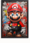 Een kleurrijk Graffitikunstwerk Van Mario-schilderij in graffiti-stijl toont het iconische stripfiguur in een rode hoed met een "M"-logo, een rood shirt en een blauwe overall. Het personage heeft een grote neus en snor, en op de achtergrond zijn spetters rode, witte en grijze verf te zien, perfect voor een unieke wanddecoratie. Dit product wordt u aangeboden door CollageDepot.,Zwart-Zonder,Lichtbruin-Zonder,showOne,Zonder