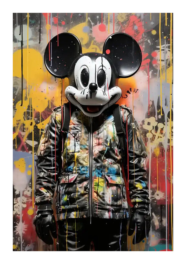 Een persoon staat tegen een kleurrijke, met graffiti bedekte muur terwijl hij een groot Mickey Mouse-masker en een veelkleurig jasje draagt. De handen van het individu zijn gehandschoende, ze hebben een rugzak op, en het algehele tafereel is levendig en kunstzinnig. De achtergrond lijkt bijna op een urban Ruige Mickey Schilderij van CollageDepot, boordevol creativiteit.-