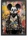 Een persoon met een Mickey Mouse-helm en een met verf bespatte jas staat tegen een kleurrijke, met graffiti bedekte muur, die lijkt op een avant-garde schilderij. De afbeelding heeft een mix van donkere en heldere kleuren, waarbij verschillende verfdruppels en -spatten het unieke Ruige Mickey Schilderij van CollageDepot versieren.,Zwart-Zonder,Lichtbruin-Zonder,showOne,Zonder