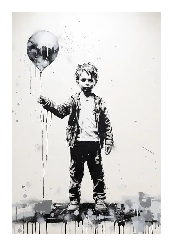 Een monochromatisch beeld toont een jonge jongen die een ballon vasthoudt waar verf uit druipt. De jongen draagt een jas, broek en schoenen en staat tegen een lichte achtergrond. Dit Jongen Zwart Wit Met Ballon Schilderij van CollageDepot, dat doet denken aan street art, dient als opvallende wanddecoratie voor elke ruimte.-