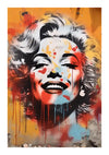 Kleurrijke straatkunstmuurschildering op een muur met een glimlachende vrouw met krullend haar, geschilderd in levendige tinten oranje, rood, geel en blauw. Het Graffitikunstwerk Van Marilyn Monroe Schilderij van CollageDepot vertoont naar beneden stromende verfdruppels, waardoor het een gestructureerde en dynamische uitstraling krijgt.-