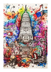 Kleurrijke, levendige illustratie van het Capitool van de Verenigde Staten, omringd door verschillende symbolische Amerikaanse elementen zoals het Vrijheidsbeeld, de Amerikaanse zeearend en de Amerikaanse vlag, afgebeeld in een dynamisch kunstwerk in graffitistijl van bba 088 - pop-art van CollageDepot.-