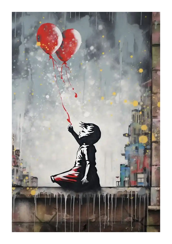 Een Met Twee Ballonnen Schilderij van CollageDepot in graffitistijl toont een jong meisje dat omhoog reikt naar twee rode ballonnen in de vorm van harten. De achtergrond is een mix van grijze en kleurrijke, abstracte spatten, waardoor een schril contrast ontstaat met de zwart-witte figuur van het meisje. Perfect als unieke wanddecoratie met een eenvoudig magnetisch ophangsysteem.-