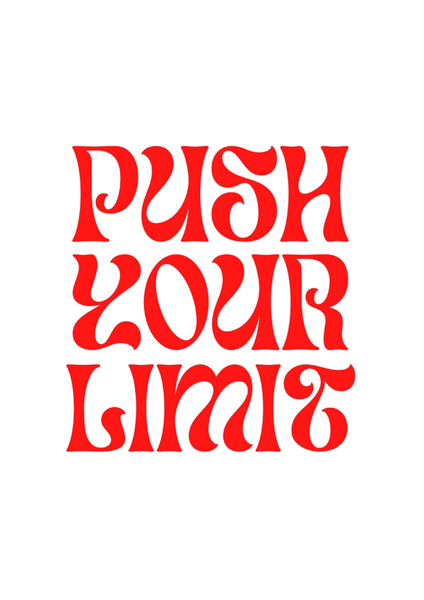 De afbeelding toont de tekst "PUSH YOUR LIMIT" in vetgedrukte rode hoofdletters, gerangschikt in een raster van drie rijen met een creatief, licht vervormd lettertype uit CollageDepot's cd 014 - typographie.-