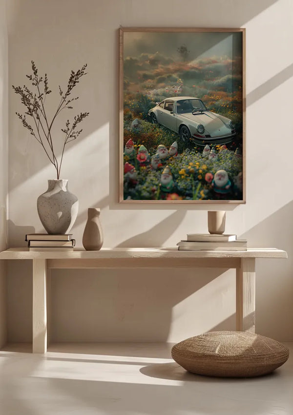 Een minimalistische kamer is voorzien van een houten bank met verschillende vazen en een CollageDepot Vintage Flowers Schilderij erop. Op de foto is een vintage witte 911 te zien in een bloemenveld omringd door tuinkabouters. Neutraal getinte muren versierd met subtiele wanddecoratie en een kussen op de vloer maken de setting compleet.,Lichtbruin