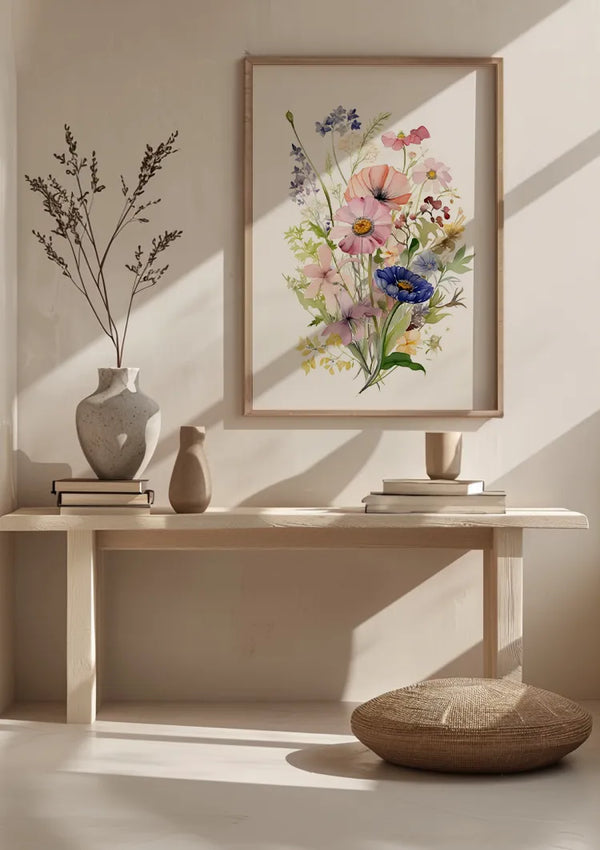 Een minimalistische houten consoletafel met twee vazen, boeken en een ingelijst Bloemen Met Aquarel Schilderij van CollageDepot van kleurrijke bloemen op de muur erachter. Voor de tafel wordt een rond geweven kussen op de grond gelegd. Zonlicht werpt zachte schaduwen in de kamer, wat de elegante wanddecoratie extra benadrukt.,Lichtbruin