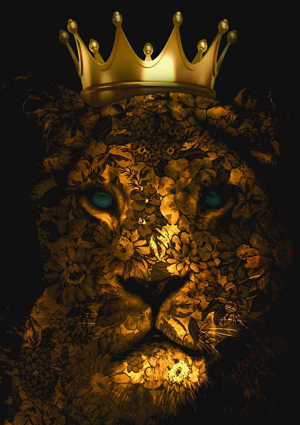 Een digitaal schilderij toont een leeuw met een bloemmotief-overlay op zijn vacht. De opvallende blauwe ogen en de grote gouden kroon van de leeuw komen prachtig uit tegen de donkere achtergrond. Dit prachtige stukje wanddecoratie, het King of the Savanna Schilderij van CollageDepot, wordt zelfs geleverd met een magnetisch ophangsysteem voor eenvoudige weergave.