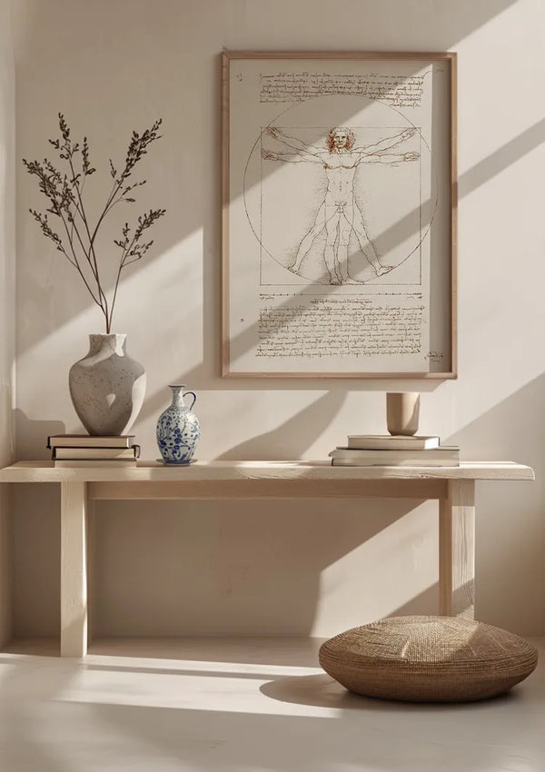 Een minimalistische kamer met een lichthouten bank, een kussen op de vloer en decoratieve vazen op de bank. Boven de bank hangt een ingelijst Leonardo Da Vinci Vitruviusman-schilderij van CollageDepot. Zonlicht werpt schaduwen op de muur en het meubilair.