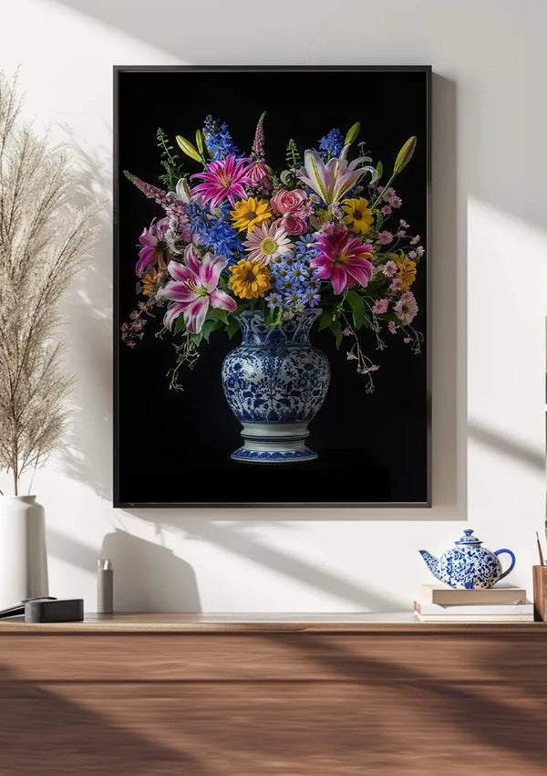 Een ingelijste foto van een Delfts Blauw Levendige Bloemen In Vaas van CollageDepot hangt aan een witte muur en dient als elegante wanddecoratie. Daaronder staat een lage houten plank met een blauwwitte theepot, een stapel boeken en een vaas met enkele hoge, piekerige planten.,Zwart