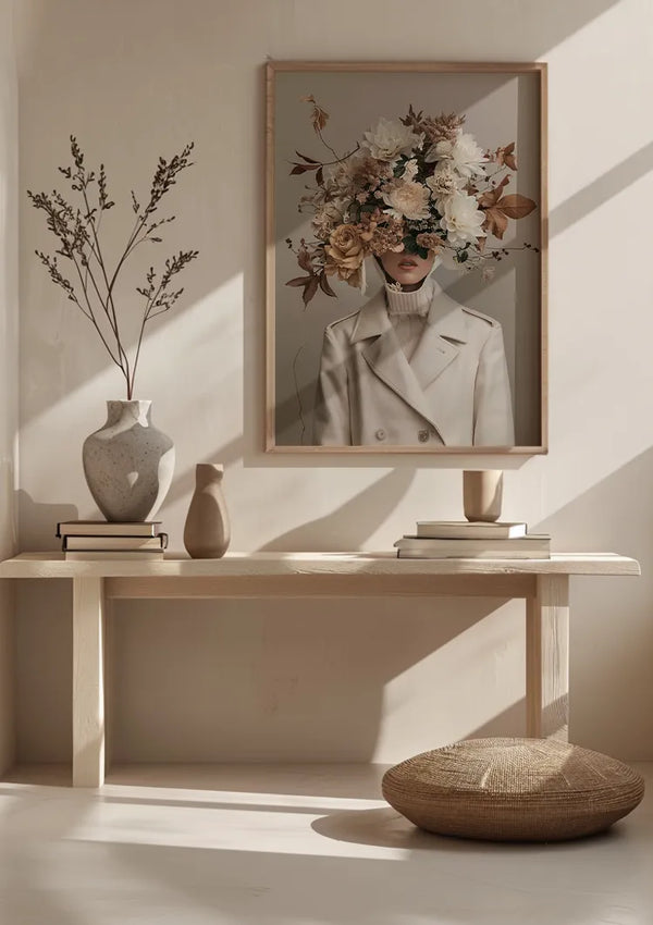 Een minimalistische kamer is voorzien van een wanddecoratie met een Bloemen en Bladeren Schilderij van CollageDepot van een persoon wiens gezicht bedekt is met bloemen, geplaatst boven een houten tafel met een vaas met takken, een kleinere vaas en gestapelde boeken. Op de vloer ligt een rond kussen, terwijl zonlicht schaduwen in de ruimte werpt, wat de serene sfeer versterkt.,Lichtbruin