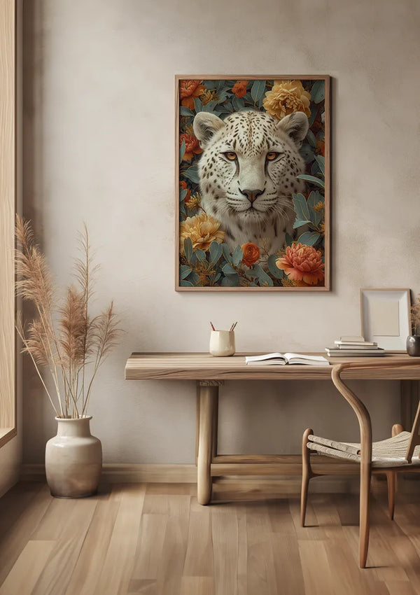 Een serene, minimalistische kamer met een houten bureau en stoel, een ingelijst schilderij van een luipaard tussen de bloemen aan de muur en een hoge vaas met gedroogde planten op de vloer. Een aaa 143 Exclusief notitieboekje van CollageDepot, pen en een kleine stapel boeken liggen zorgvuldig gerangschikt op het bureau voor een vleugje wetenschappelijke elegantie.,Lichtbruin