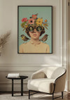 Een ingelijste CollageDepot aaa 121 Exclusief op een lichtgekleurde muur boven een moderne stoel en tafel. Het schilderij toont een persoon met bloemen en kleine vogels op zijn hoofd, die een verrekijker draagt. De kamer heeft een minimalistische inrichting met neutrale tinten, waardoor een elegante en serene sfeer ontstaat., Zwart