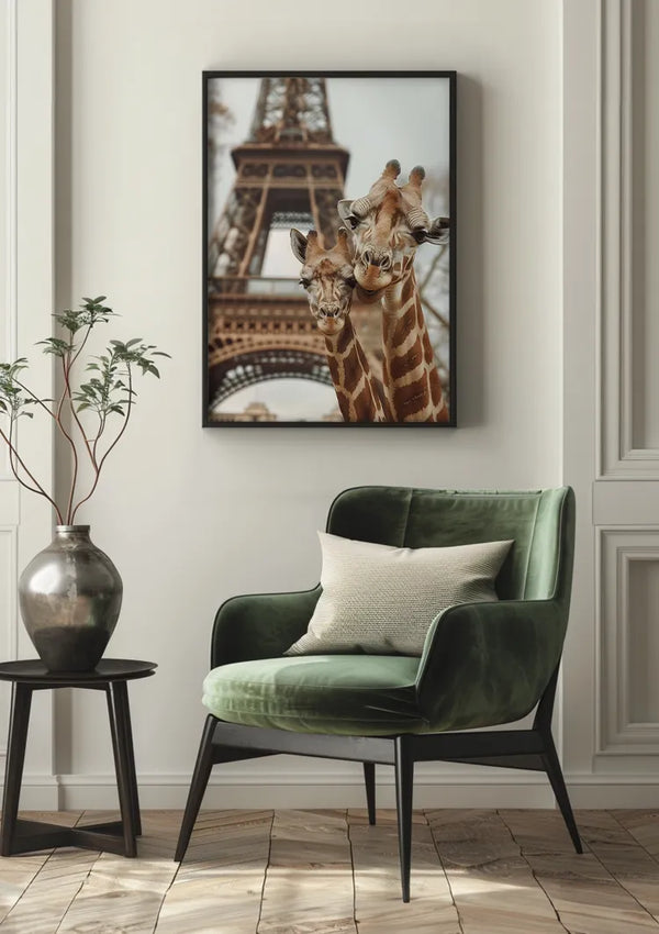 Een moderne woonkamer is voorzien van een groene fluwelen stoel met bijpassend kussen, een klein zwart bijzettafeltje met een vaas met een plant en de ingelijste foto van **CollageDepot** van twee giraffen met de Eiffeltoren op de achtergrond genaamd **aaa 113 Exclusive ** op de muur. De witte muren zijn versierd met paneeldetails, wat bijdraagt aan de chique esthetiek.,Zwart