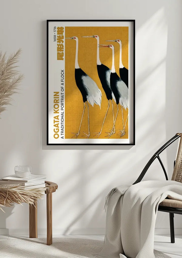 Een ingelijst CollageDepot O. Kōrin A Traditional Portrait Of A Flock Schilderij met drie hoogpotige kraanvogels op een gele achtergrond hangt als prachtige wanddecoratie aan een witte muur. Onder het frame staat een tafel met een stapel boeken, een kom en wat gedroogde planten. Een lichtbeige deken valt over een nabijgelegen geweven stoel.,Zwart