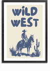 Een ingelijst Wild West-schilderij van CollageDepot met een silhouet van een cowboy op een paard, omgeven door woestijnplanten zoals cactussen, en de tekst "WILD WEST" in vetgedrukte hoofdletters bovenaan. De afbeelding maakt gebruik van blauwtinten tegen een beige achtergrond en is voorzien van een magnetisch ophangsysteem voor eenvoudige weergave.,Zwart-Met,Lichtbruin-Met,showOne,Met