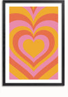 Het Harten Patroon Schilderij van CollageDepot, perfect als wanddecoratie, heeft een levendig ontwerp van concentrische hartvormen in felle kleuren. De harten wisselen de tinten roze, oranje en geel af, waardoor een retro en opvallend patroon ontstaat. Het zwarte frame vormt een sterk contrast met het kleurrijke ontwerp.,Zwart-Met,Lichtbruin-Met,showOne,Met