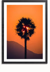 Een ingelijst Shining through schilderij van een eenzame palmboom afgetekend tegen een levendig oranje zonsonderganghemel, met de zon gedeeltelijk zichtbaar door de bladeren van de boom en een donkere, wazige berg op de achtergrond - een perfecte wanddecoratie versterkt door een magnetisch ophangsysteem van CollageDepot.